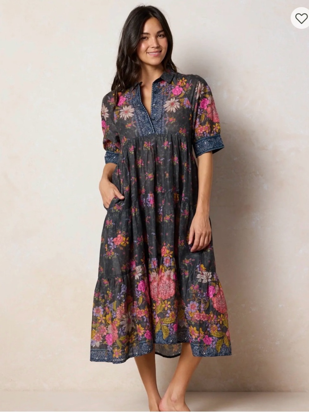 Natural Life Floral Tiered Midi Dress - Charcoal with Pink Floral